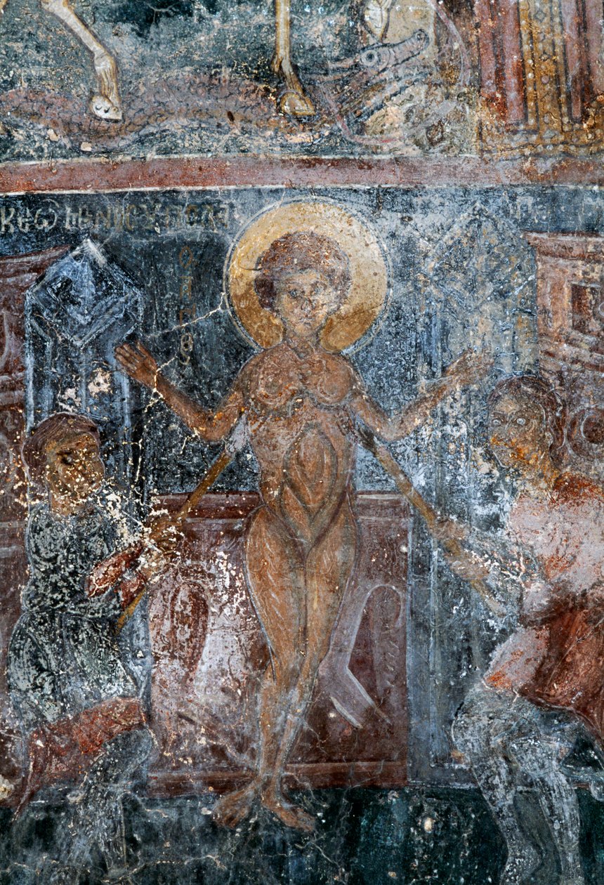 Martirio de Cristo, fresco en la iglesia bizantina de San Jorge, Komitades, Creta, Grecia de Theodore Charles Ange Coquelin