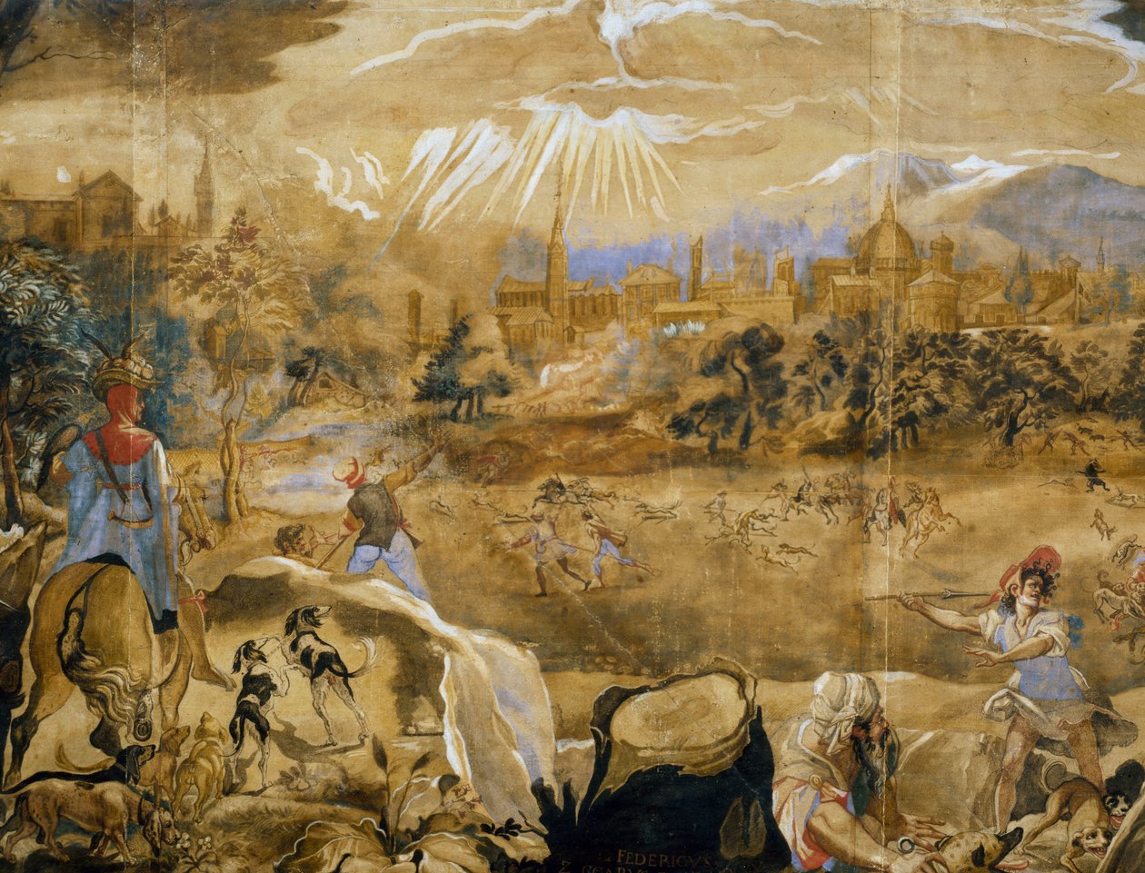 Caza de ciervos (con vista ideal de Florencia en el fondo) (detalle) de or Zuccaro Federico Zuccari