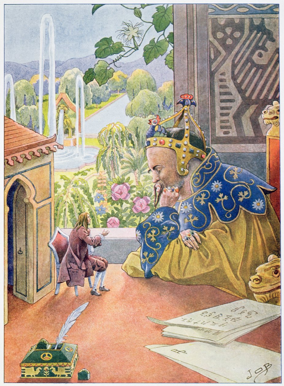 Gulliver describe el sistema de gobierno en Inglaterra al Rey de Brobdingnag, c.1900 de Jacques Marie Gaston Onfray de Breville (Job)