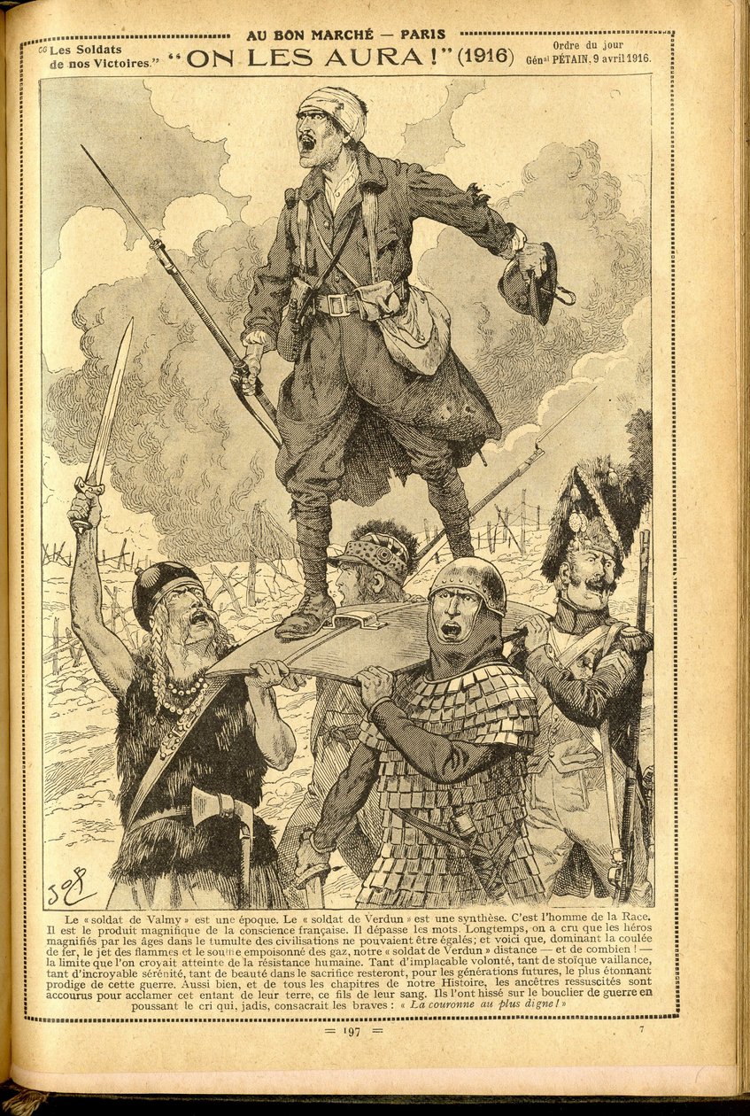 Agenda Buvard du Bon Marche 1917 - Ilustración de Job (Jacques Marie (Jacques-Marie) Gaston Onfray y Breville) (1858-1931): ¡Los tendremos! 1916 - Guerra del 14-18, Medicina, Salud, Uniformes, Grandes Batallas, Armaduras - Soldados, Galos - Histórico de pseudonym for Onfray de Breville Jacques Job