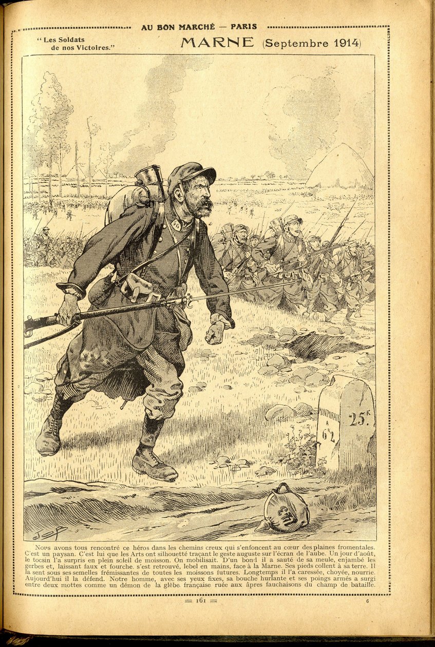 Agenda Buvard du Bon Marché 1917 - Ilustración de Job (Jacques Marie Gaston Onfray de Bréville) (1858-1931): Marne septiembre 1914 - Guerra del 14-18, Marne, Grandes Batallas, Batalla del Marne - Soldados de pseudonym for Onfray de Breville Jacques Job