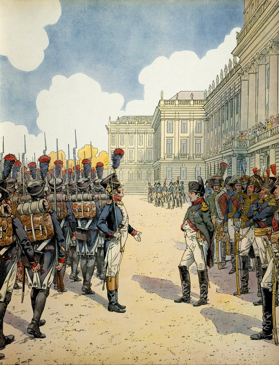 En Schoebrunn, Napoleón I Bonaparte (1769-1821) revisó las tropas antes de la Batalla de Wagram el 5 y 6 de julio de pseudonym for Onfray de Breville Jacques Job