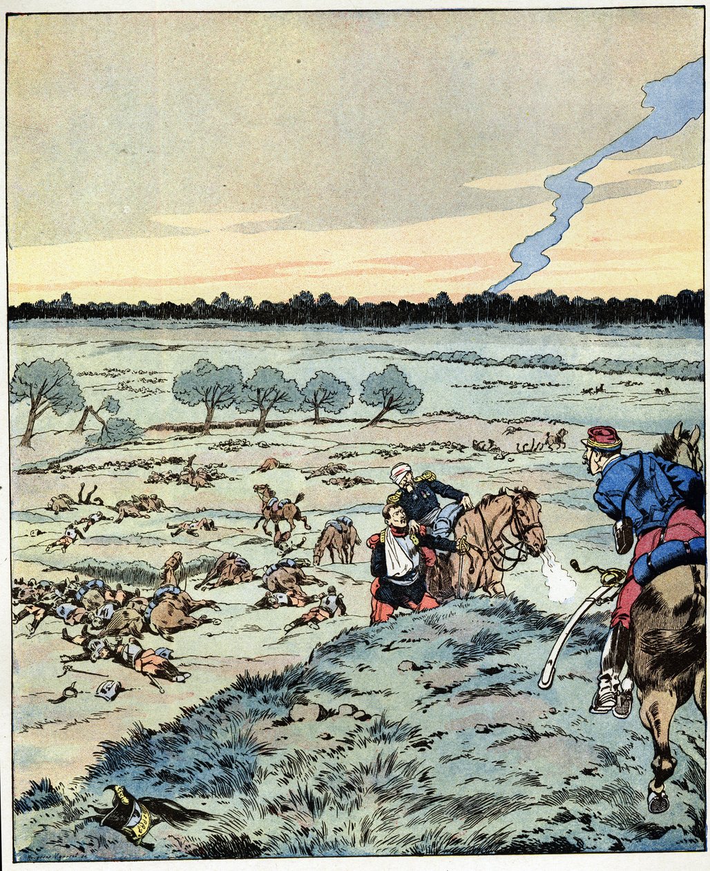 ¿Acorazados? ¡No hay más! Respuesta de un general a un oficial que pedía refuerzos en la Batalla de Reischoffen, conocida por su arduo deber en 1870. Ilustración de Job (Jacques Marie Gaston Onfray y Breville) (Jacques-Marie) (1858-1931) para el libro “Les de pseudonym for Onfray de Breville Jacques Job