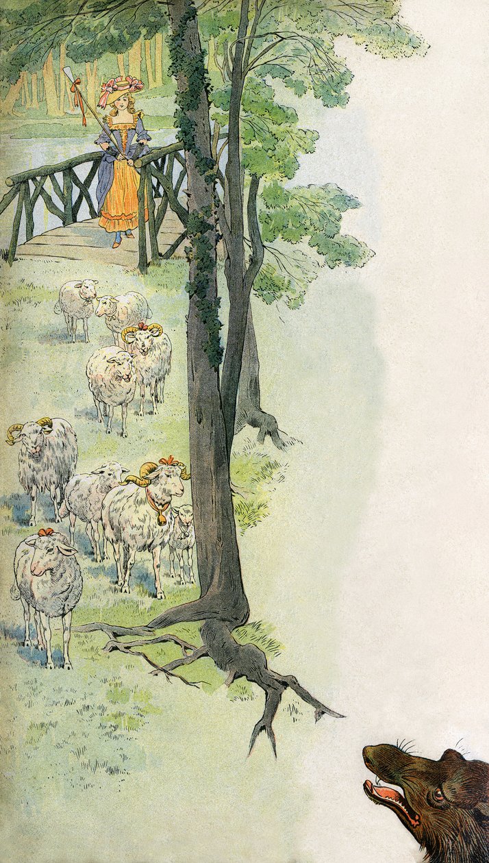 Bergere guardando sus ovejas (ovejas y beliers) en el campo, bajo la mirada amenazadora de un lobo - Ilustración de Job (Jacques Marie Gaston Onfroy de Breville) (1858-19131) para el libro "La Cantiniere" de G. Montorgueil, hacia 1900. de pseudonym for Onfray de Breville Jacques Job