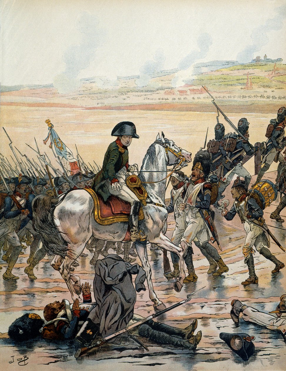 Campaña de Austria (1805): En Elchingen, Napoleón I Bonaparte (1769-1821) visitando el campo de batalla reconoce a un granadero del ejército de Egipto, tendido de espaldas, expuesto a la lluvia torrencial, y continúa gritando a sus camaradas "adelante" de pseudonym for Onfray de Breville Jacques Job