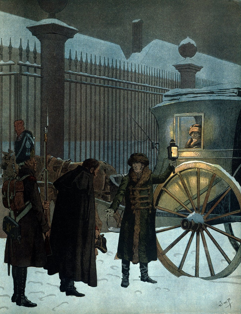 Derrotado en la campaña rusa y regresado a París: Napoleón I Bonaparte (1769-1821) en una silla de manos llegó a las Tullerías el 18 de diciembre de 1812 a las 11 de la noche después de la retirada rusa. En "Napoleón" de Georges Montorgueil. Ilustración de de pseudonym for Onfray de Breville Jacques Job
