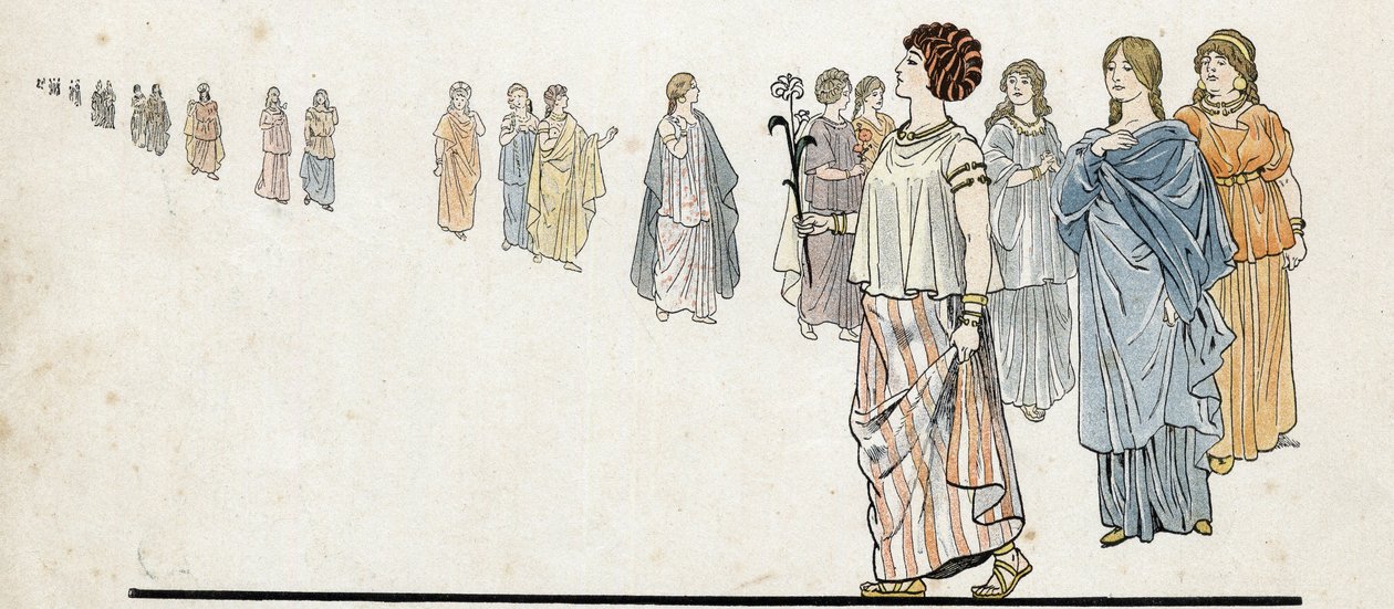 Mujeres de los “hombres libres” (ciudadanos libres) vistiendo sus vestidos abrochados en el hombro y pesadas joyas en los brazos. en “Francia, su historia contada por G. Montorgueil, ilustrada por Job” 1896. Colección privada. de pseudonym for Onfray de Breville Jacques Job