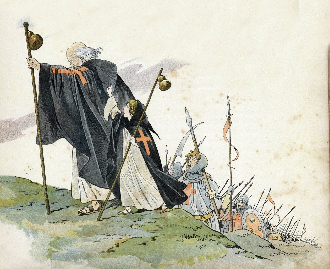 Primera Cruzada: Pedro el Ermitaño (1050-1115) lidera la Cruzada al grito de “¡Dios lo quiere!”. Lleva un abrigo, golpea con una cruz y sostiene un báculo de peregrino. Una niña que simboliza a Francia lo acompaña. en “Francia, su historia contada por G. M de pseudonym for Onfray de Breville Jacques Job