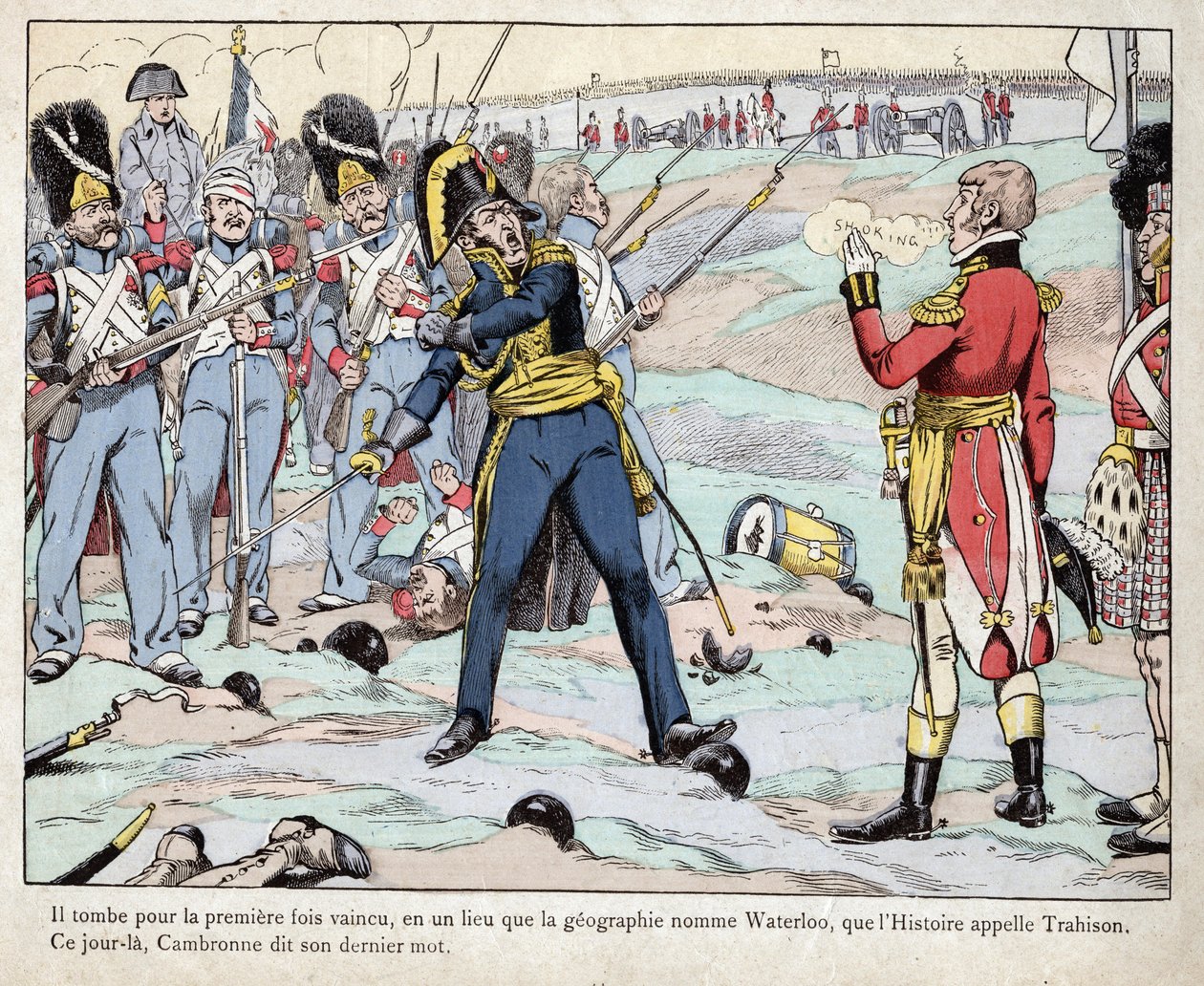 Primer Imperio: representación del General Pierre Cambronne (1770-1842) pronunciando “La guardia muere pero no se rinde” en la Batalla de Waterloo de pseudonym for Onfray de Breville Jacques Job