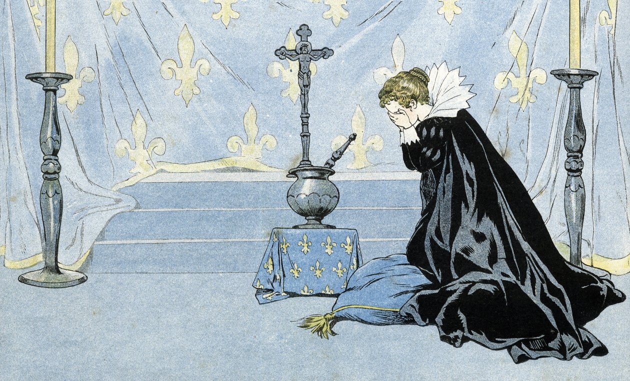 Francia, representada por una mujer con capa negra, llora la muerte del Rey Enrique IV (1553-1610). en “Francia, su historia contada por G. Montorgueil, ilustrada por Job” 1896. Colección privada. de pseudonym for Onfray de Breville Jacques Job
