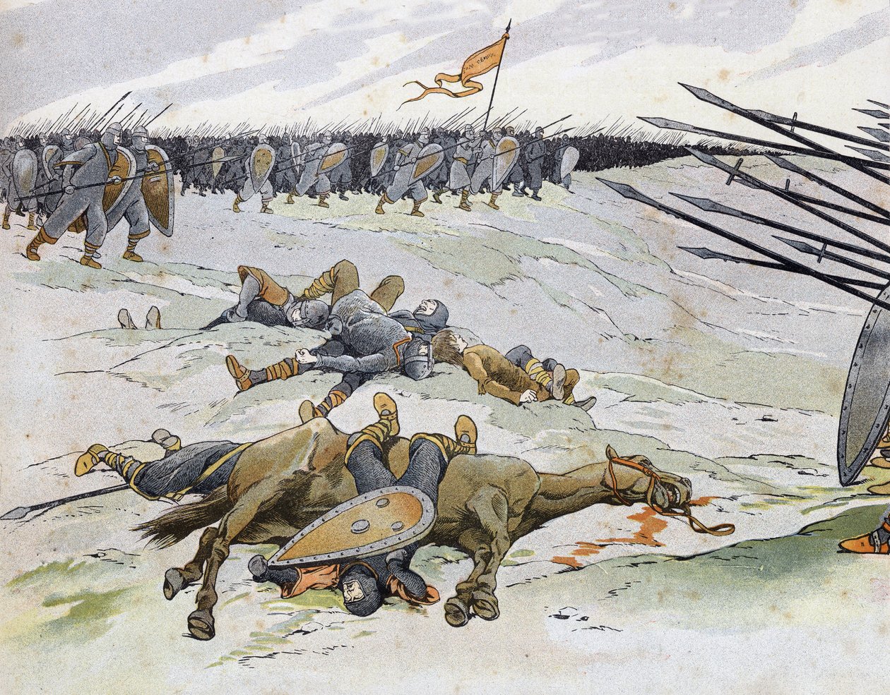 Guerra franco-inglesa (1202-1214): soldados muertos en la Batalla de Bouvines el 27/07/1214 que opuso al ejército francés de Felipe Augusto contra los flamencos y güelfos de Otón IV. en “Francia, su historia contada por G. Montorgueil, ilustrada por Job” 1 de pseudonym for Onfray de Breville Jacques Job