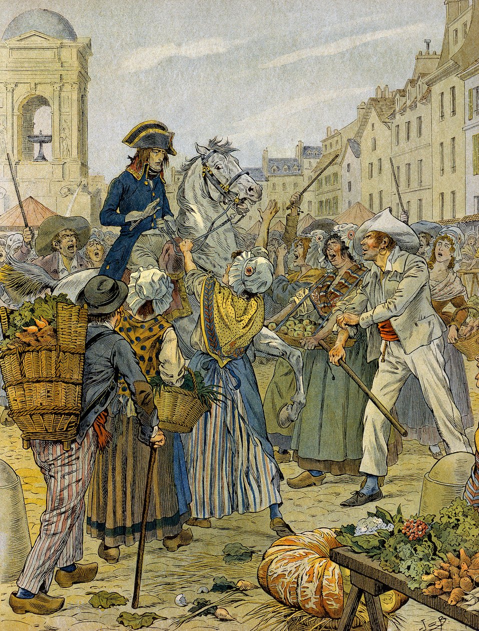 Revolución Francesa 1789: Napoleón I Bonaparte (1769-1821) apoyado por la población revolucionaria y sans-culottes en Les Halles. Ilustración de Jacques Marie Gaston Onfray de Breville dit JOB (1858-1931). Colección privada de pseudonym for Onfray de Breville Jacques Job