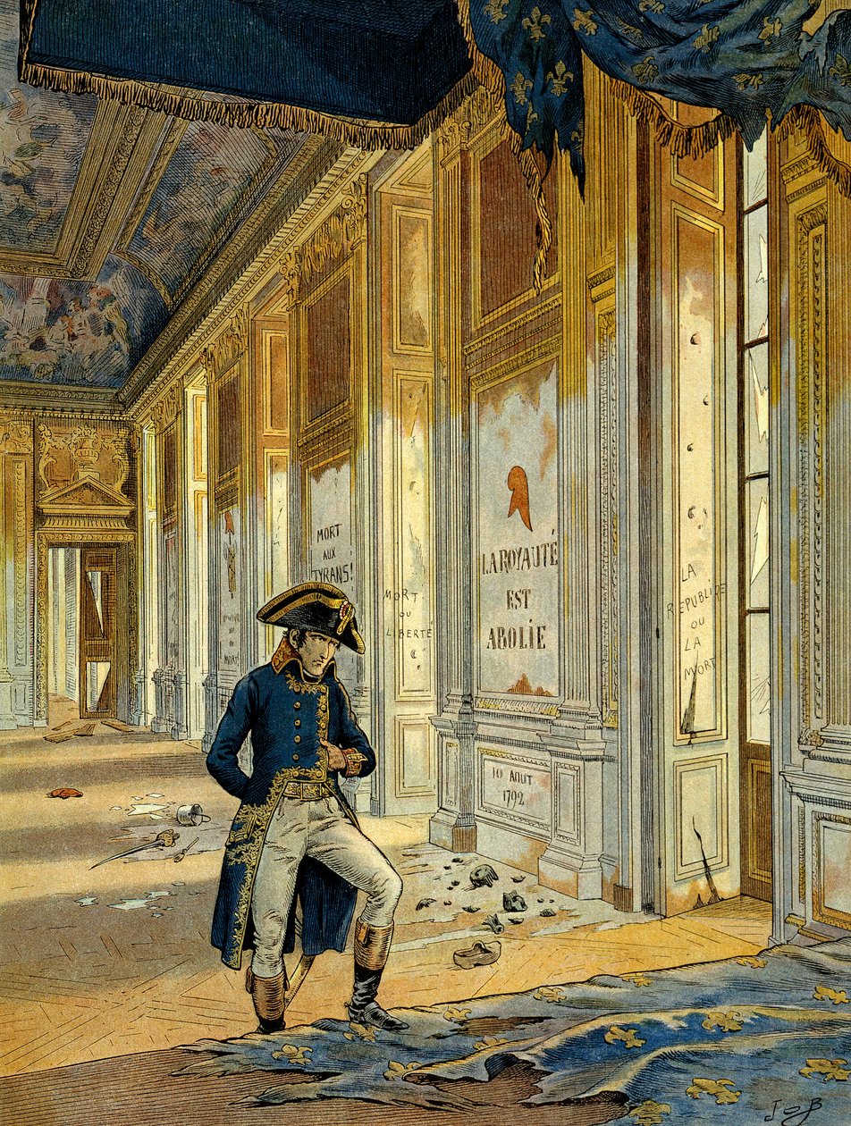 Revolución Francesa de 1789: Napoleón I Bonaparte (1769-1821) en el Salón del Trono en el Palacio de las Tullerías después del paso de los revolucionarios que saquearon el lugar. La pared dice: “El reino está abolido.” Ilustración de Jacques Marie Gaston O de pseudonym for Onfray de Breville Jacques Job