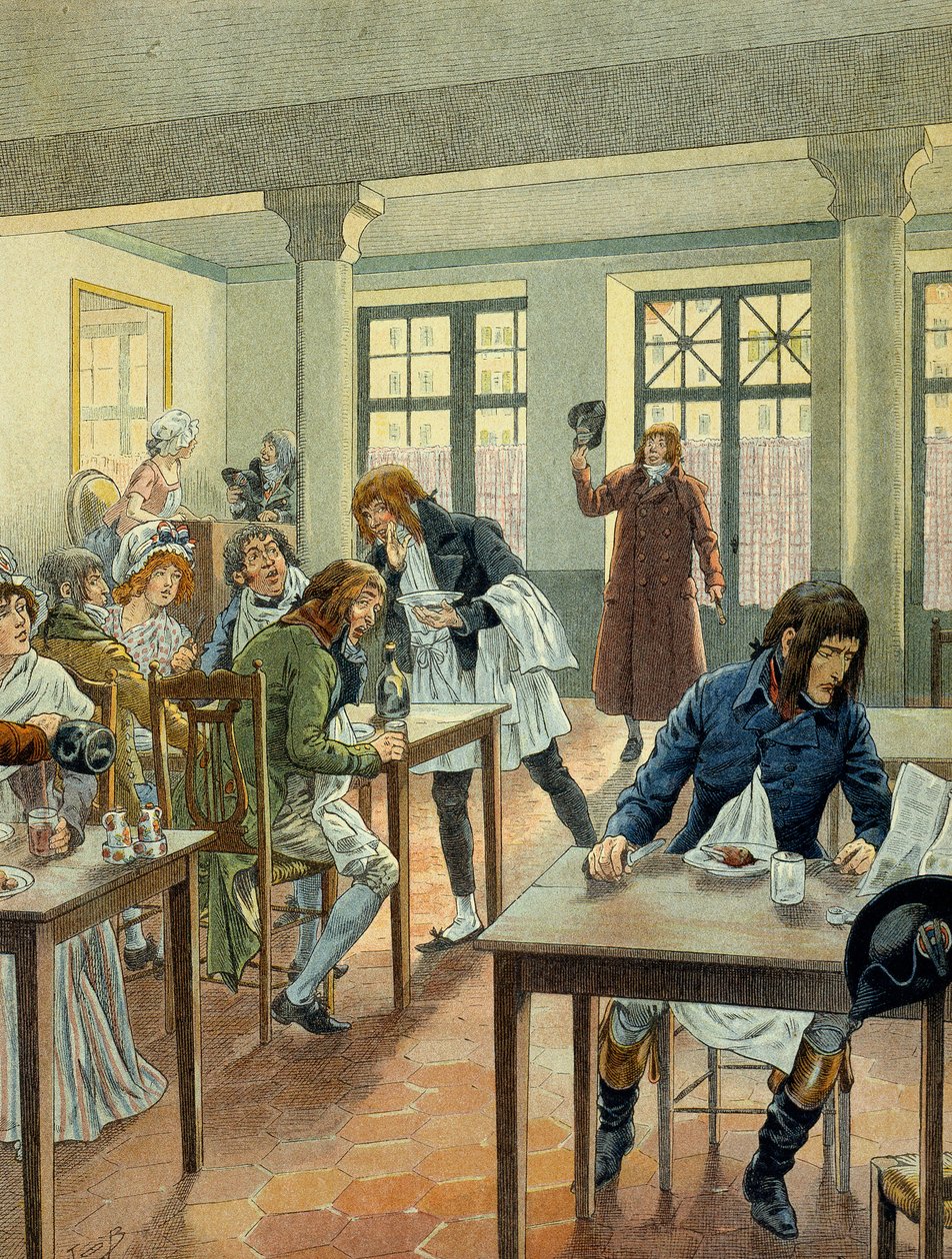 Revolución Francesa de 1789: Napoleón I Bonaparte (1769-1821) joven en el gargotier Justat, de la rue des petits peres en París, reducido a un solo plato que pagó 6 sous la porción. Ilustración de Jacques Marie Gaston Onfray de Breville de pseudonym for Onfray de Breville Jacques Job
