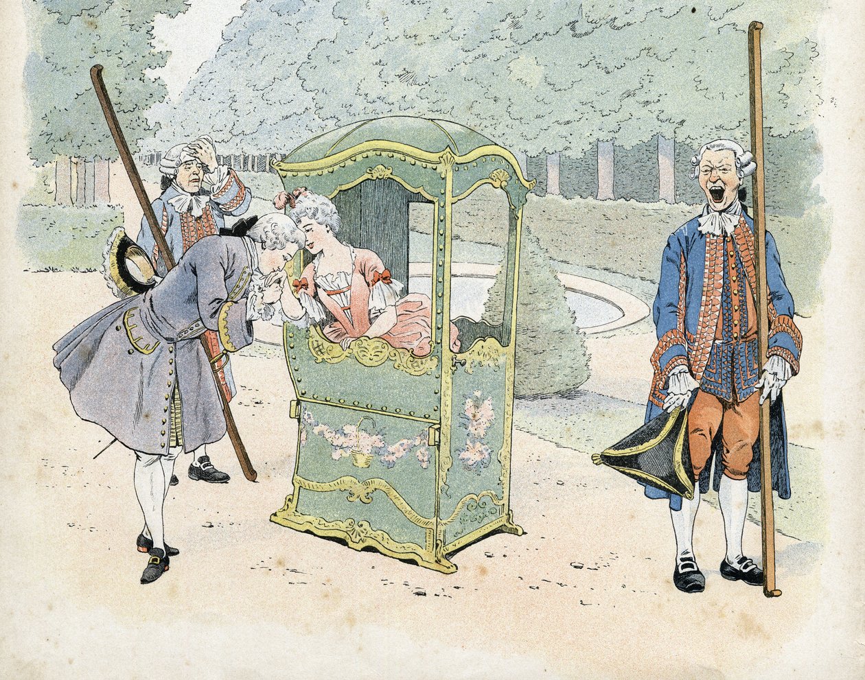 Galanteo francés en el siglo XVIII: un joven besa la mano de una mujer en una silla de ruedas. en “Francia, su historia contada por G. Montorgueil, ilustrada por Job” 1896. Colección privada. de pseudonym for Onfray de Breville Jacques Job