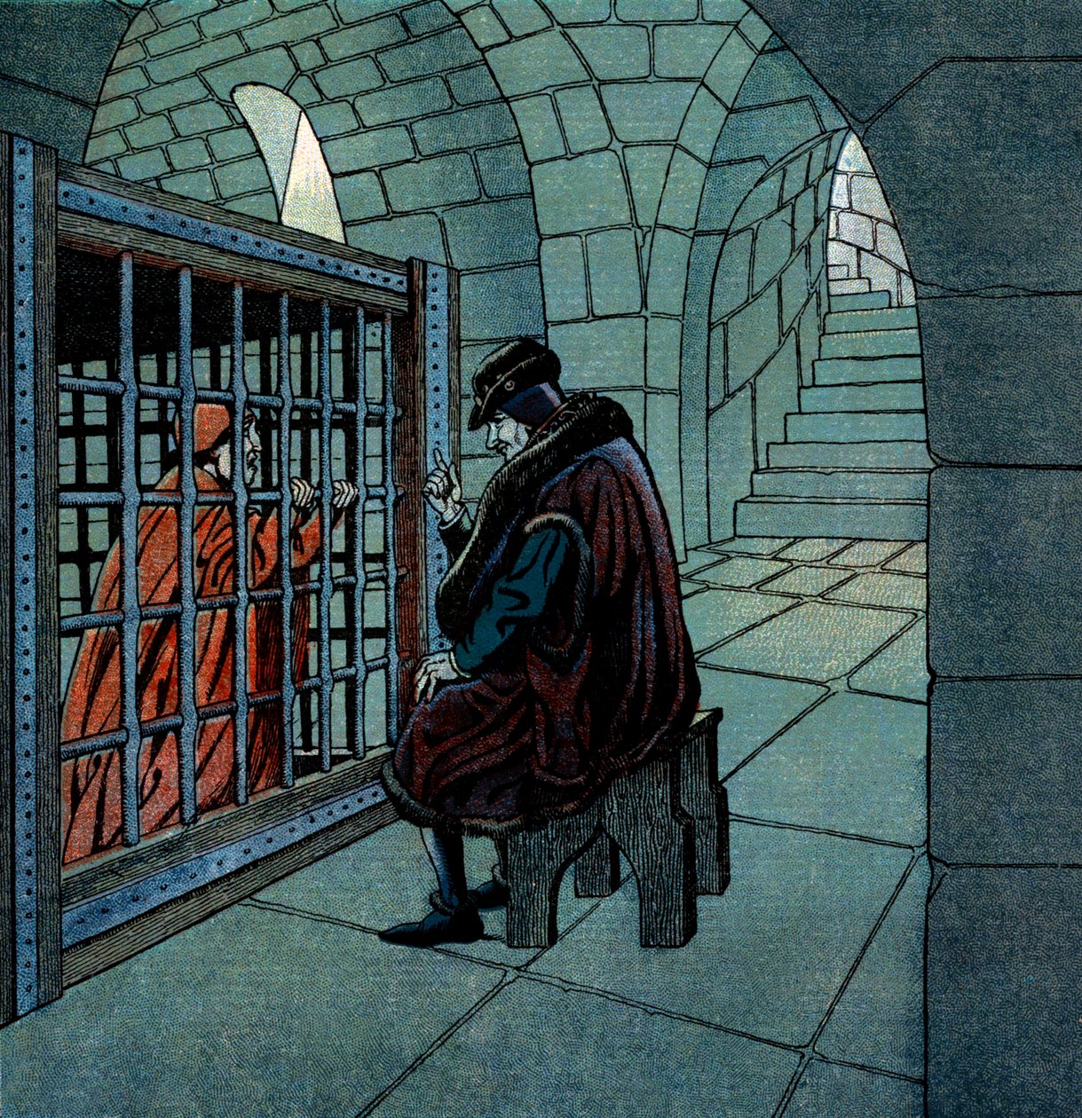 El rey francés Luis XI visita al cardenal Jean de la Balue prisionero en una jaula en la cárcel de Loche de pseudonym for Onfray de Breville Jacques Job