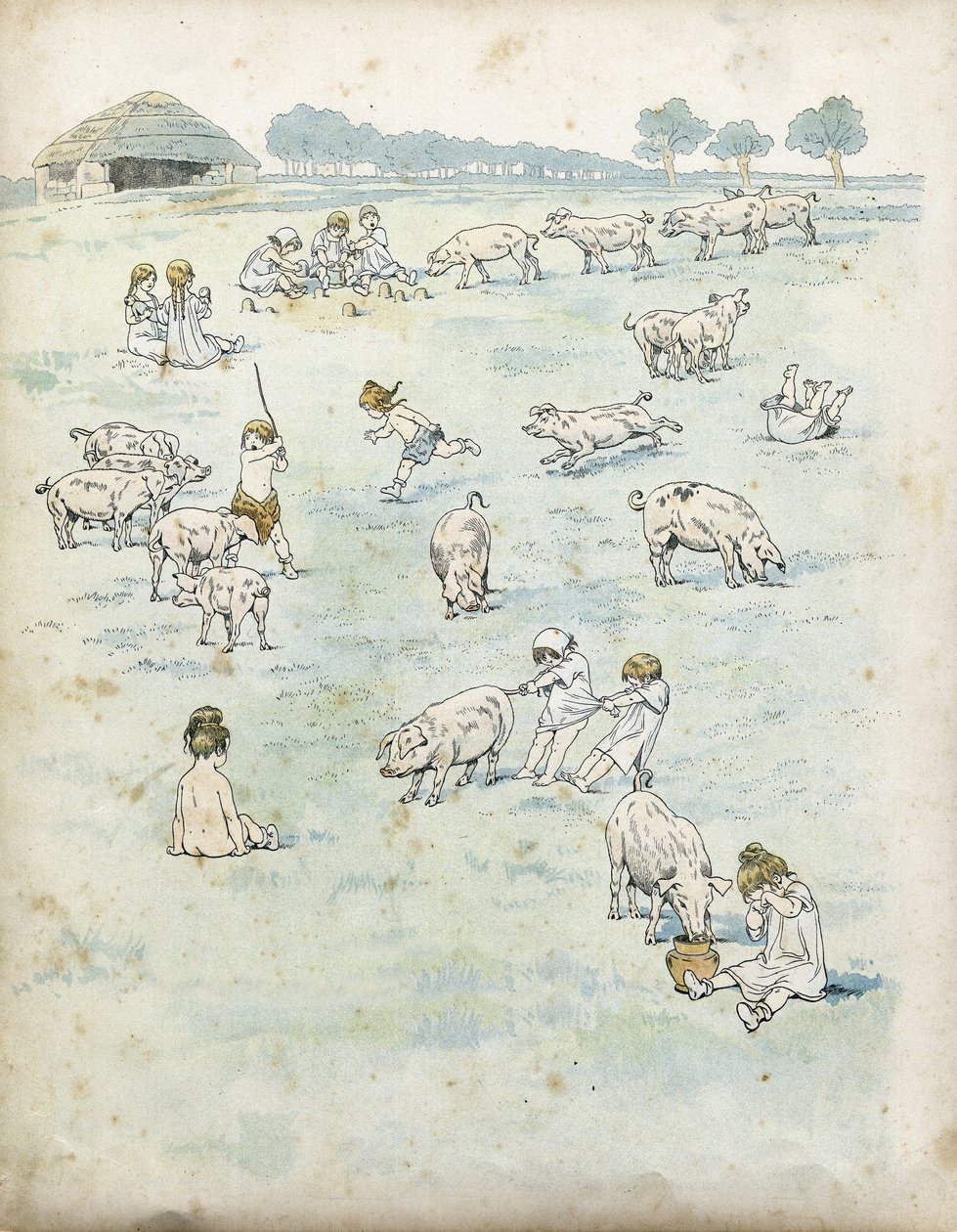 Niños galos jugando con cerdos en un campo. en "Francia, su historia contada por G. Montorgueil, ilustrada por Job" 1896. Colección privada. de pseudonym for Onfray de Breville Jacques Job