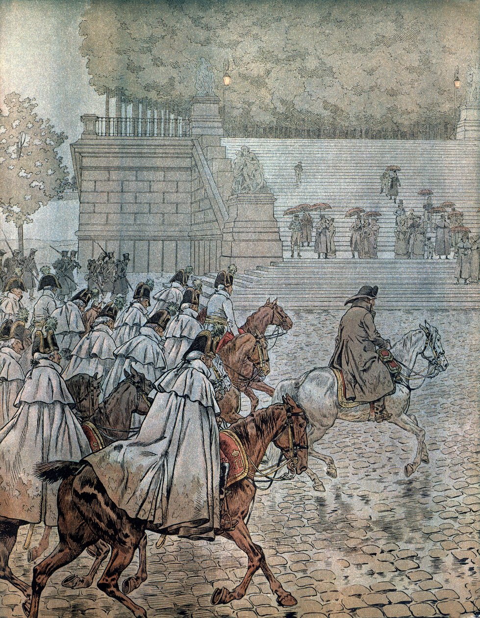Campaña alemana en 1813: Napoleón I Bonaparte (1769-1821) y su Estado Mayor regresan a Dresde después de ganar la batalla el 26 y 27 de agosto. En “Napoleón” de Georges Montorgueil. Ilustración de Jacques Marie Gaston Onfray de Breville dit JOB de pseudonym for Onfray de Breville Jacques Job
