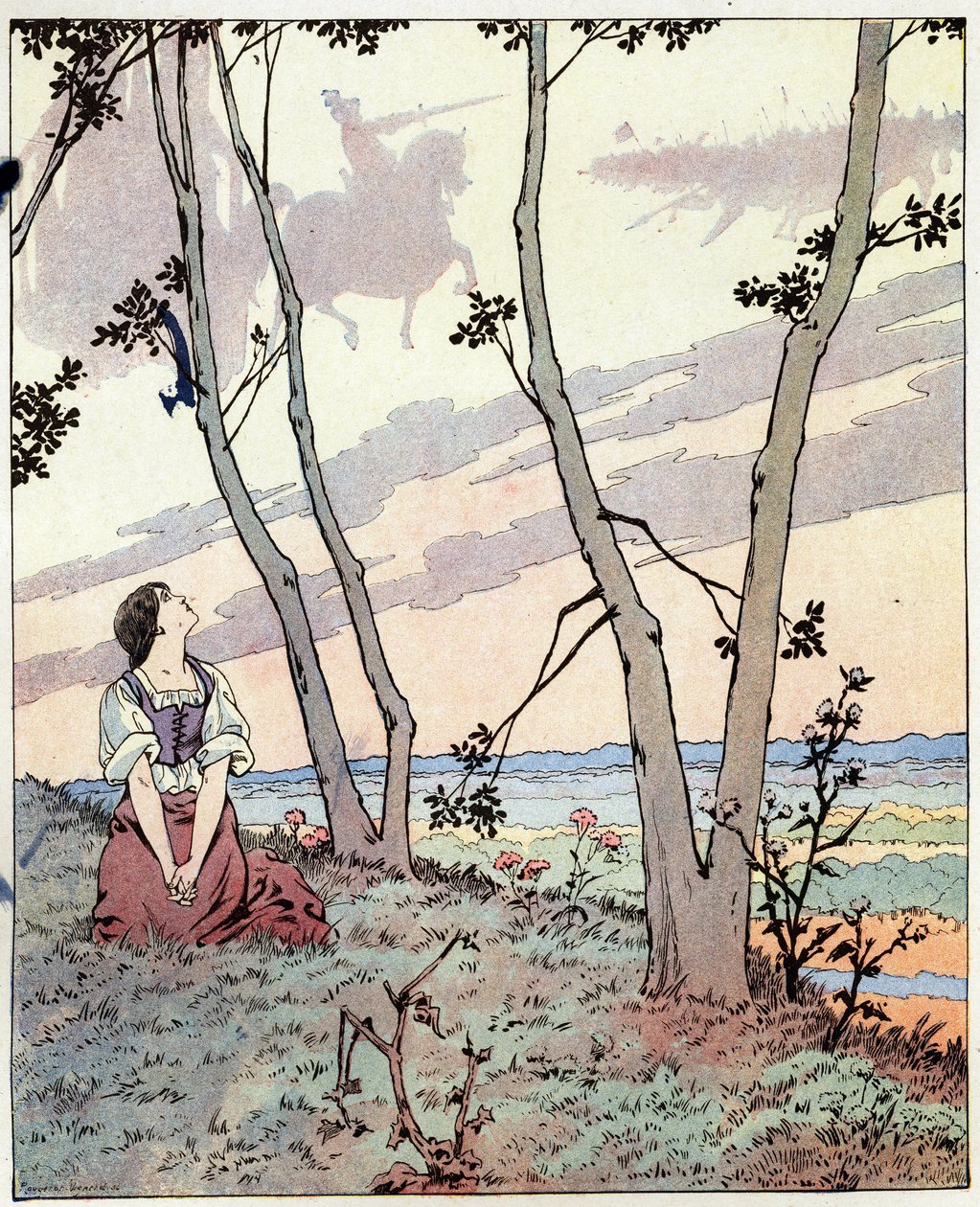 Ve a buscar Orleans y sagrado el rey a Reims. Palabras escuchadas por Juana de Arco (1412-1431) mientras era pastora en Lorena. Ilustración de Job (Jacques Marie Gaston Onfray y Breville) (Jacques-Marie) (1858-1931) para el libro “Les grands mots historiqu de pseudonym for Onfray de Breville Jacques Job
