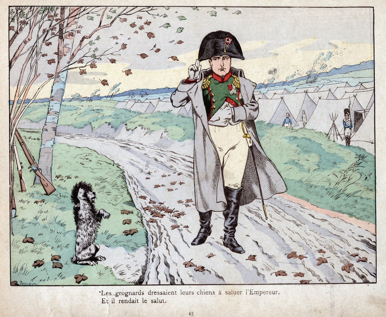 Grognards (Vieja Guardia de Napoleón Bonaparte) entrenaron a sus perros para saludar al Emperador - litografía de Job (Jacques Onfroy de Breville) de “Le Grand Napoleon des Petites Enfants” 1893 de pseudonym for Onfray de Breville Jacques Job