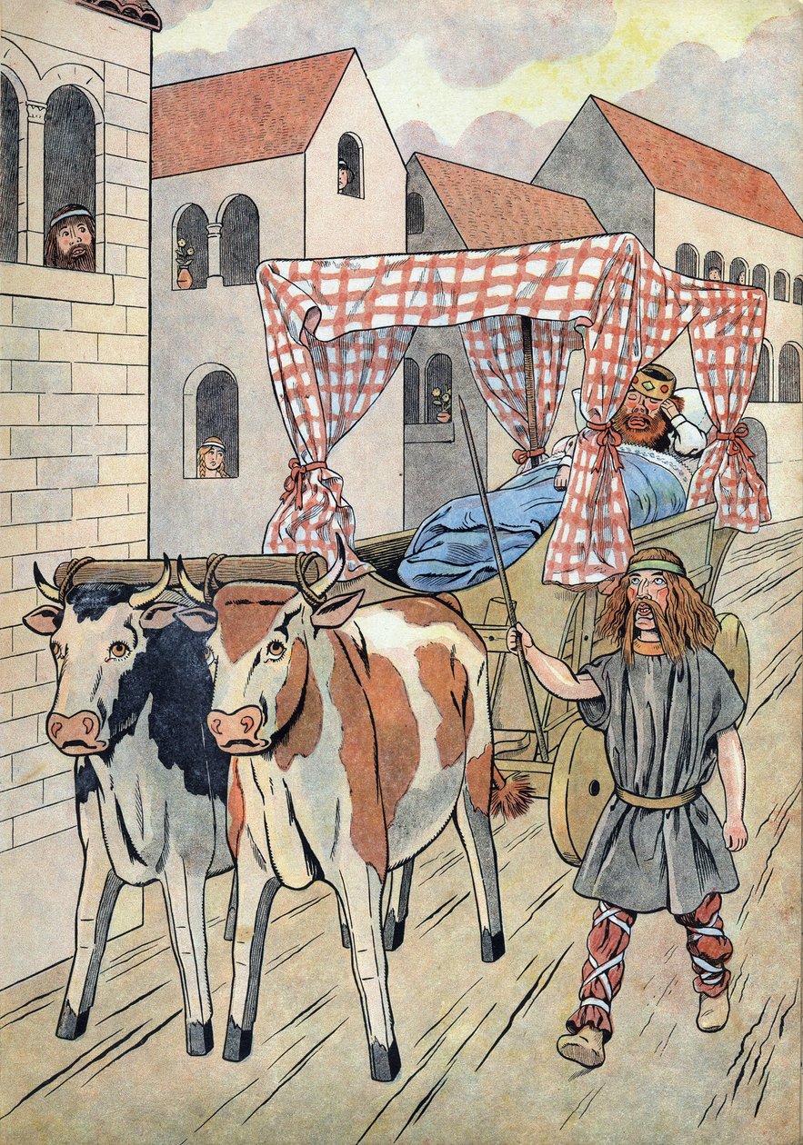 Historia de Francia. Escena que representa a los reyes perezosos en juguetes: Rey de Francia Thierry III (673-691) en un tanque con una cama tirada por bueyes. En "Joujoux a l