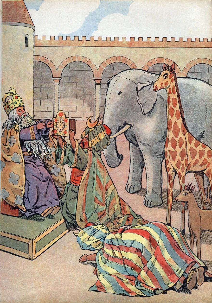 Historia de Francia. Escena de la vida de Carlomagno en juguetes: el Califa Haron Al Rashid le da al Rey de Francia Carlomagno (742-814) una jirafa, un elefante y un reloj. En 