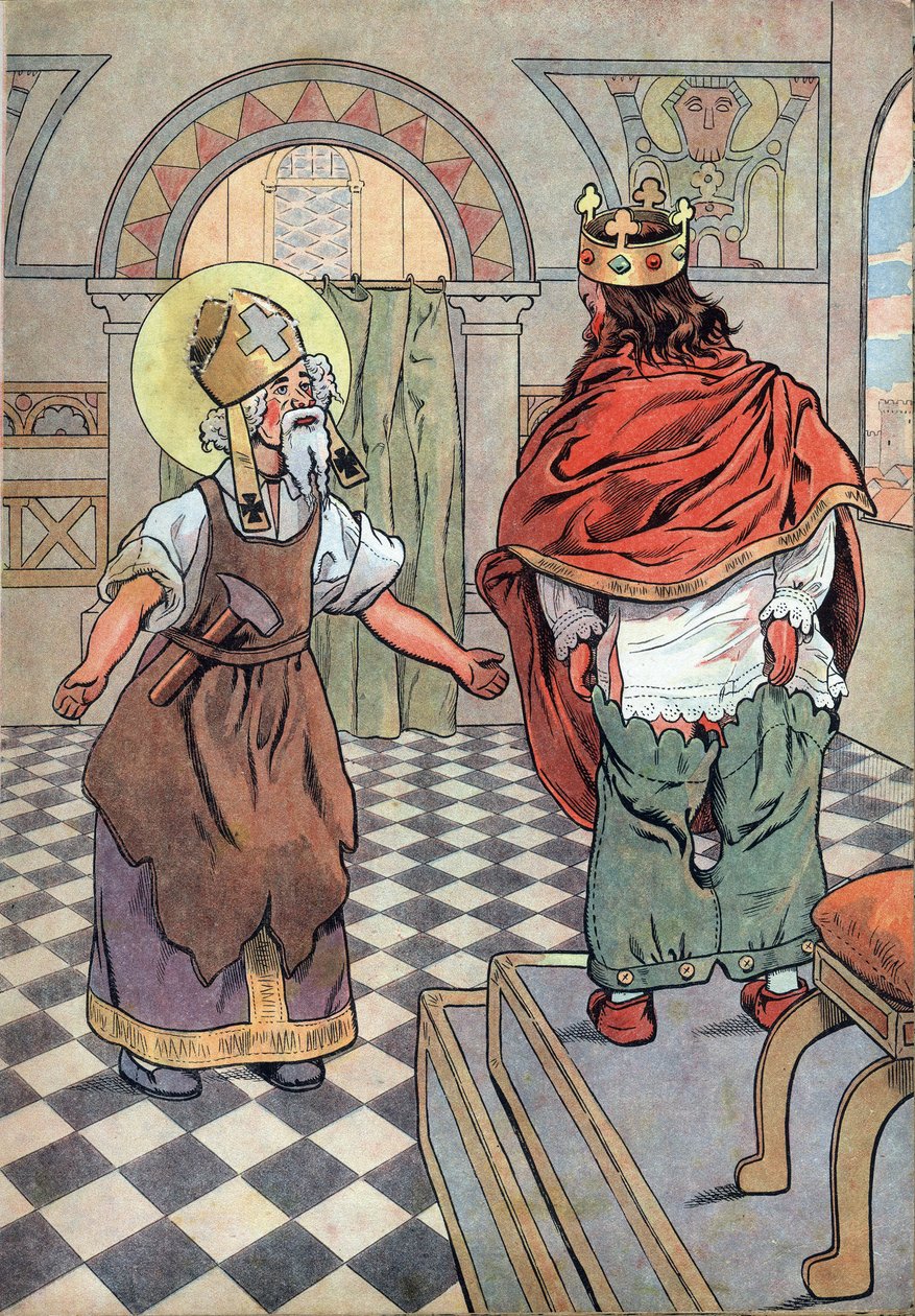 Historia de Francia. Escena de la vida del Rey Dagoberto con juguetes: San Eloy (v.588-659) señala al Rey de Francia Dagoberto I (602 o 605-638 o 639) que sus pantalones estaban al revés. En “Joujoux a l