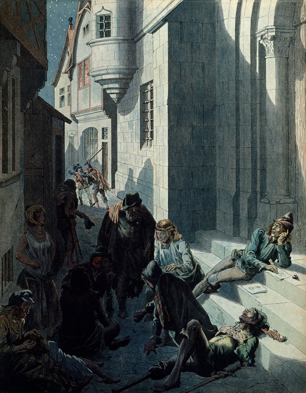 Historia de Francia en la Edad Media: François de Montcorbier conocido como François Villon (1431-1463?), poeta, componiendo sus obras en la miseria de las calles de París. Ilustración de Jacques Marie Gaston Onfray de Breville dit JOB (1858-1931) de pseudonym for Onfray de Breville Jacques Job