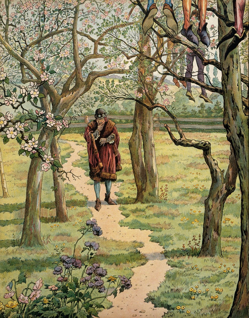 Historia de Francia en la Edad Media: El Rey Luis XI conocido como el Prudente (1423-1483) en los jardines del castillo de Plessis-les-Tours, Indre y Loira. Se veían personas colgadas de los árboles de pseudonym for Onfray de Breville Jacques Job
