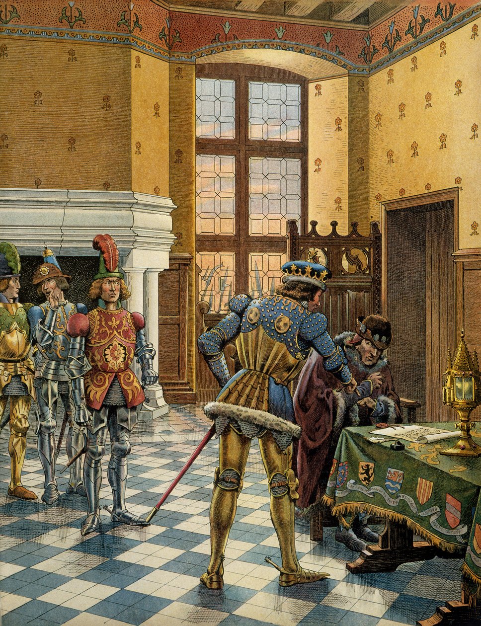 Historia de Francia en la Edad Media: entrevista de Peronne entre el 9 y el 14 de octubre de 1468 entre el rey Luis XI llamado el Prudente (1423-1483) y Carlos el Temerario (1433-1477). Ilustración de Jacques Marie Gaston Onfray de Breville, conocido como  de pseudonym for Onfray de Breville Jacques Job