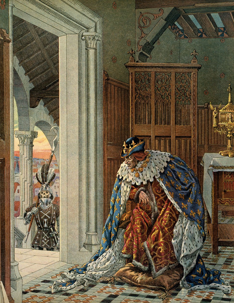 Historia de Francia en la Edad Media: El Rey de Francia Luis XI llamado el Prudente (1423-1483) teme a la muerte llegando con armadura a la puerta. Ilustración de Jacques Marie Gaston Onfray de Breville dit JOB (1858-1931) de pseudonym for Onfray de Breville Jacques Job