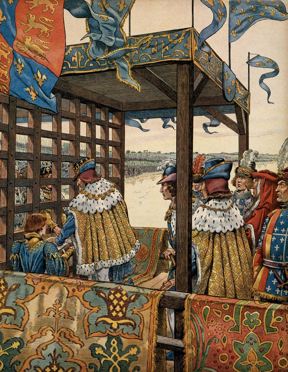 Historia de Francia en la Edad Media: encuentro entre el Rey de Francia Luis XI conocido como el Prudente (1423-1483) y Eduardo IV de Inglaterra (1442-1483) en Picquigny para la firma de una tregua de siete años el 29 de agosto de pseudonym for Onfray de Breville Jacques Job