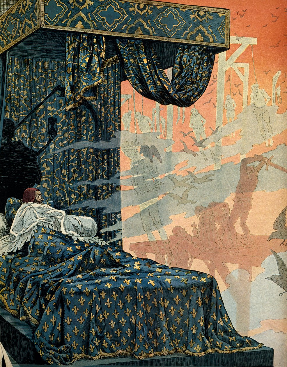 Historia de Francia en la Edad Media: el rey de Francia Luis XI llamado el Prudente (1423-1483) tuvo pesadillas ansiosas antes de morir. Ilustración de Jacques Marie Gaston Onfray de Breville, conocido como JOB (1858-1931) de pseudonym for Onfray de Breville Jacques Job