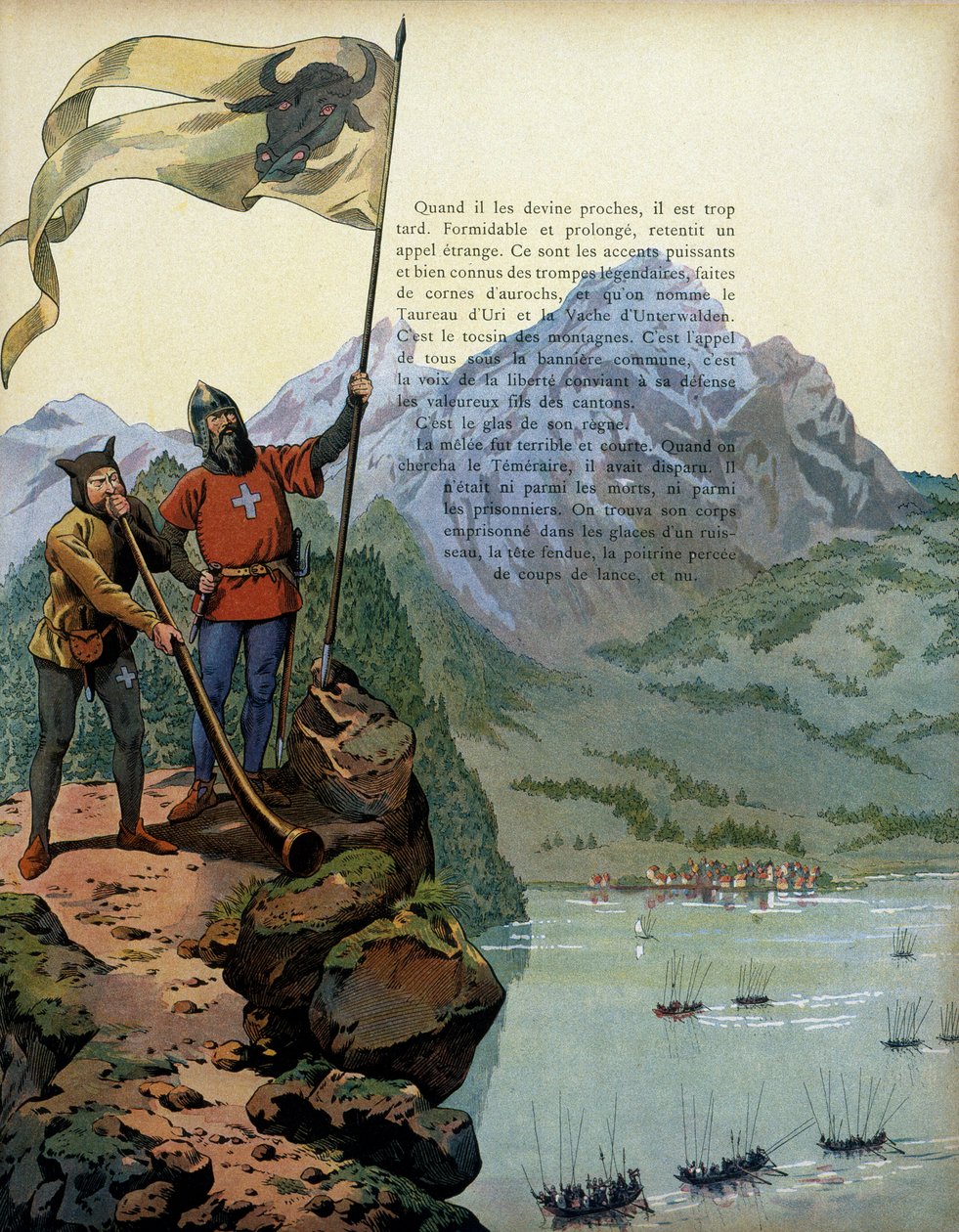 Historia de Francia en la Edad Media: las tropas de Carlos el Temerario (1433-1477), Duque de Borgoña, entran en el país de Vaud en Suiza. Ilustración de Jacques Marie Gaston Onfray de Breville dit JOB (1858-1931) de pseudonym for Onfray de Breville Jacques Job