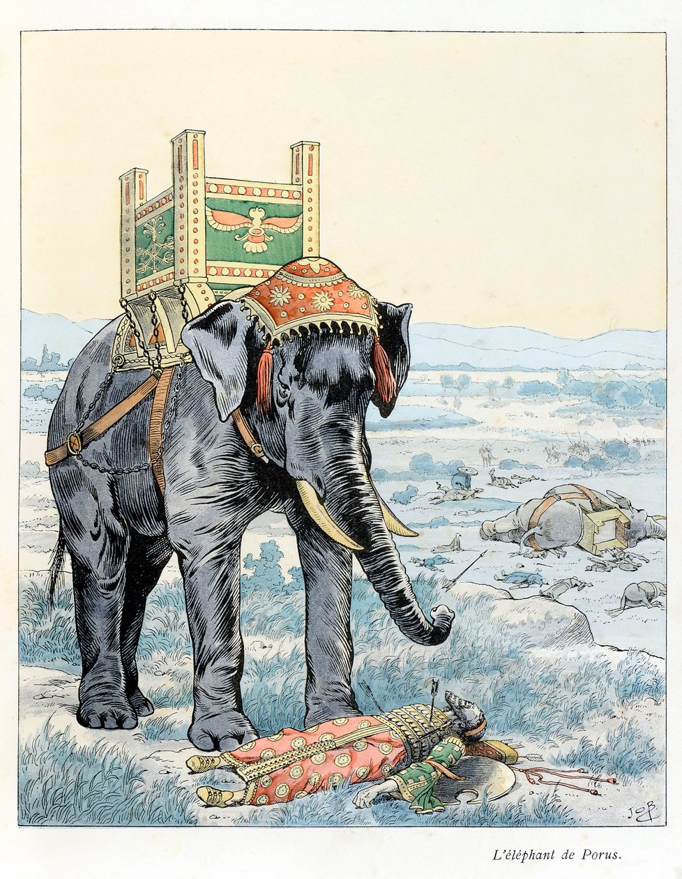 Ilustración del libro "A la gloire des betes" texto de A Fabre, dibujos de Jacques Marie Gaston Onfray de Breville, conocido como JOB (1858-1931), editor Maison Alfred Mame et fils: El elefante de Porus (En la Batalla de Hidaspes en 328 a.C. Porus derrotad de pseudonym for Onfray de Breville Jacques Job