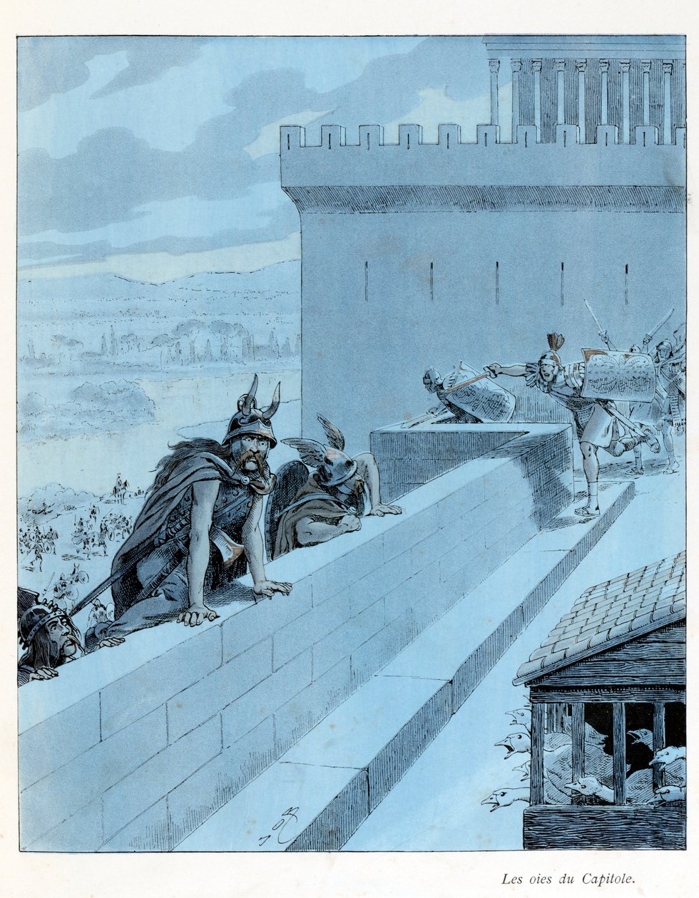 Ilustración del libro “A la gloire des betes” texto de A Fabre, dibujos de Jacques Marie Gaston Onfray de Breville dit JOB (1858-1931), editor Maison Alfred Mame et fils: Les goies du Capitole (890 a.C.), los galos sitian Roma, Colección Parcial de pseudonym for Onfray de Breville Jacques Job