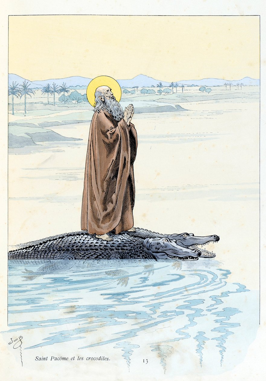 Ilustración del libro “A la gloire des betes” texto de A Fabre, dibujos de Jacques Marie Gaston Onfray de Breville dit JOB (1858-1931), editor Maison Alfred Mame et fils: San Pacome (abate 292-348) y los cocodrilos, Colección Particular de pseudonym for Onfray de Breville Jacques Job