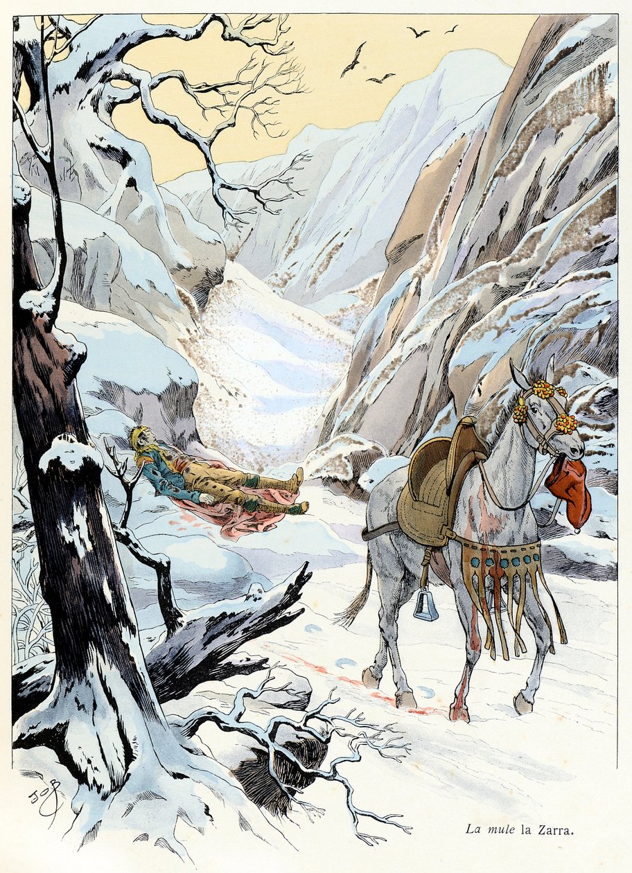 Ilustración del libro "A la gloire des bêtes" texto de A. Fabre, dibujos de Jacques Marie Gaston Onfray de Breville dit JOB (1858-1931), editor Maison Alfred Mame y hijo: La mula 