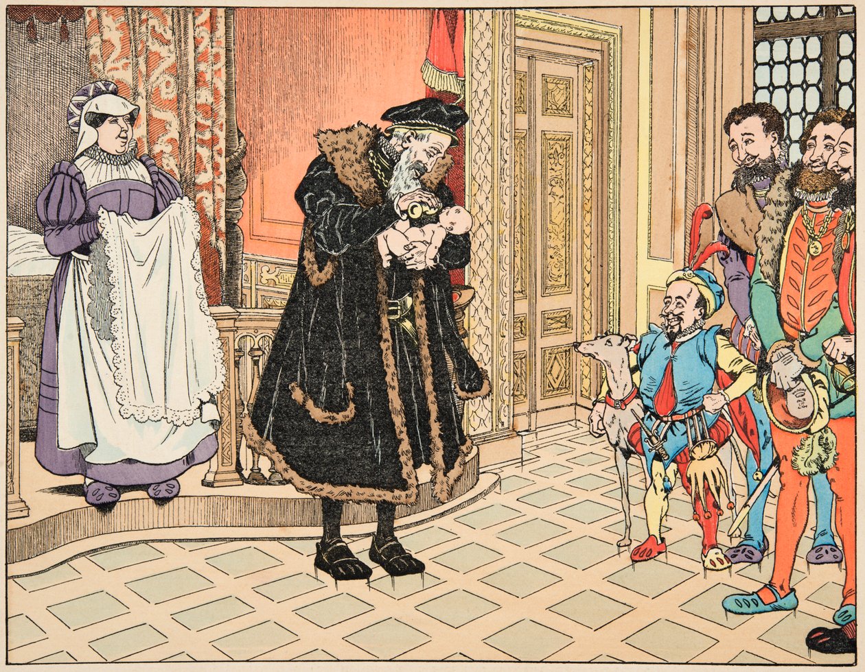Ilustración del libro “Le bon roy Henri”, ilustrado por Jacques Marie Gaston Onfray de Breville dit JOB (1858-1931): Nacimiento de Enrique IV, su abuelo, Enrique d