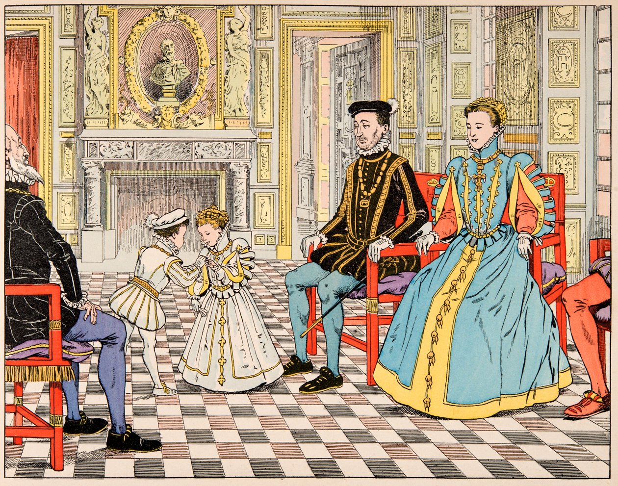 Ilustración del libro “Le bon roy Henri”, ilustrado por Jacques Marie Gaston Onfray de Breville dit JOB (1858-1931): Antoine de Borbón lo llevó a París y lo presentó a su primo Enrique II, quien le ofreció la mano de su hija Margarita de pseudonym for Onfray de Breville Jacques Job