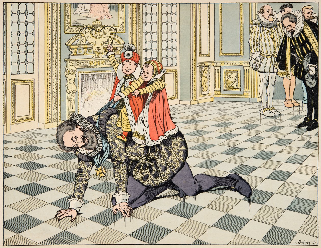 Ilustración del libro “Le bon roy Henri”, ilustrado por Jacques Marie Gaston Onfray de Breville dit JOB (1858-1931): Frente al embajador español, Enrique IV juega con sus hijos de pseudonym for Onfray de Breville Jacques Job