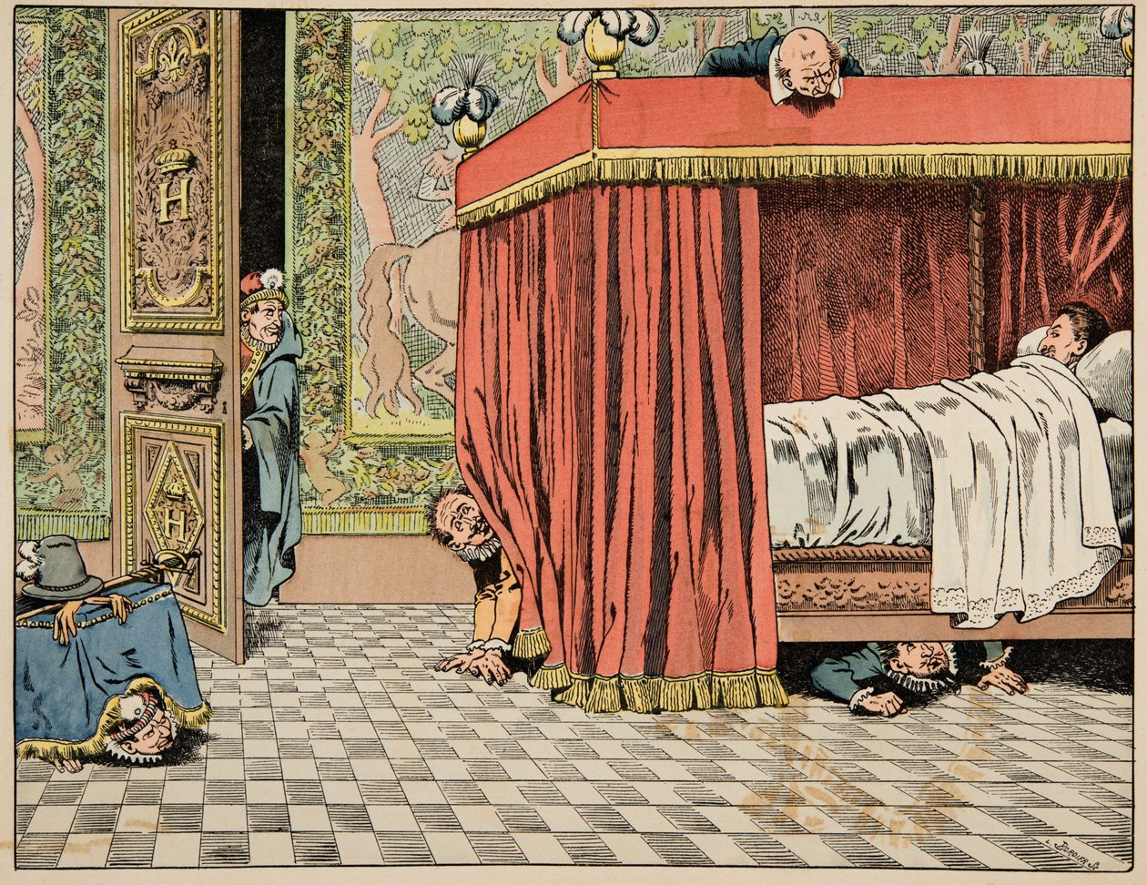 Ilustración del libro “Le bon roy Henri”, ilustrado por Jacques Marie Gaston Onfray de Breville dit JOB: Henri IV viviendo en París bajo la mirada de espías de pseudonym for Onfray de Breville Jacques Job