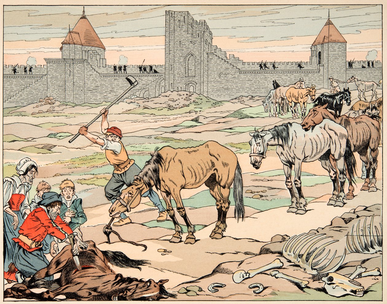 Ilustración del libro "Le bon roy Henri", ilustrado por Jacques Marie Gaston Onfray de Breville dit JOB (1858-1931): Los parisinos hambrientos matan a sus caballos - Colección privada de pseudonym for Onfray de Breville Jacques Job