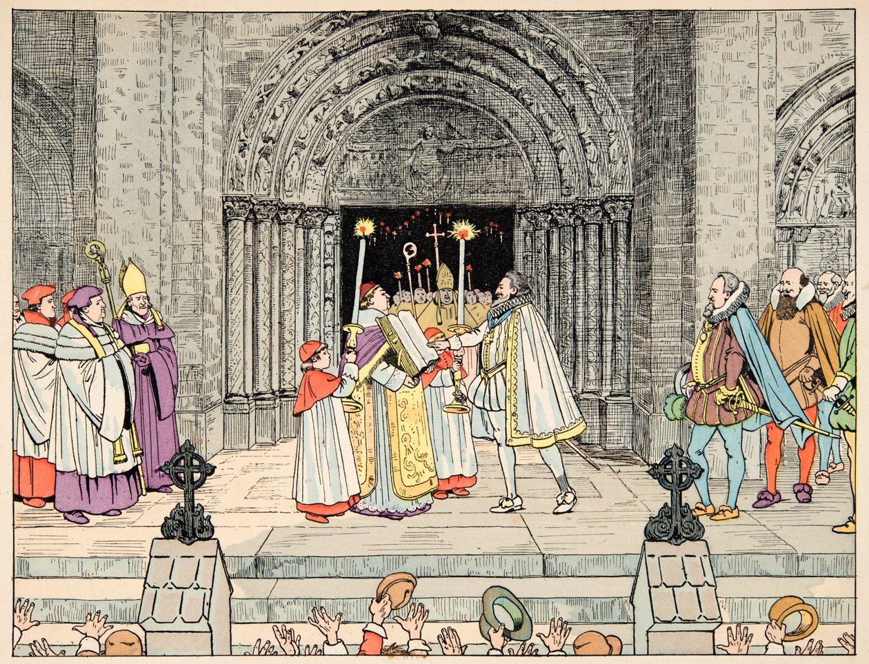 Ilustración del libro “Le bon roy Henri”, ilustrado por Jacques Marie Gaston Onfray de Breville dit JOB: Enrique IV, Basílica de Saint Denis abjura su religión y se convierte - Colección privada de pseudonym for Onfray de Breville Jacques Job