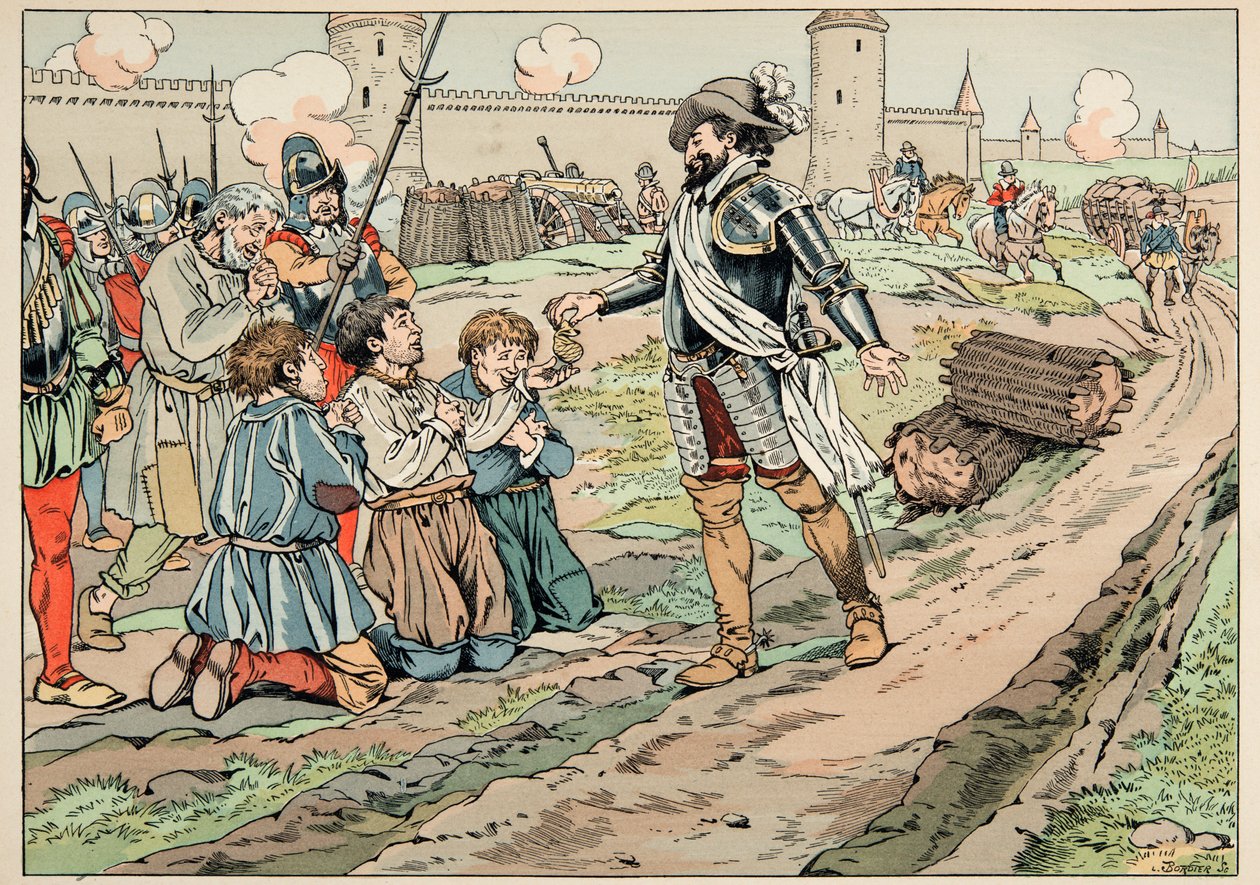 Ilustración del libro "Le bon roy Henri", ilustrado por Jacques Marie Gaston Onfray de Breville dit JOB (1858-1931): Enrique IV da dinero y libera a los campesinos que intentaron introducir comida en París - Colección privada de pseudonym for Onfray de Breville Jacques Job