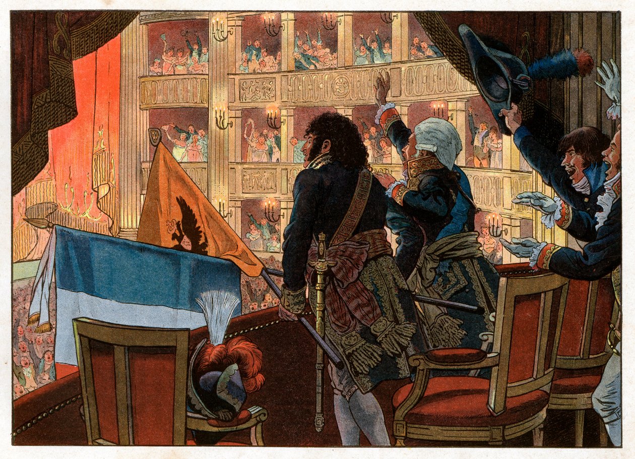 En Florencia, en la sala de teatro, Joachim Murat (1767-1815) y un embajador ruso unen su bandera con la mayor alegría de los presentes. Grabado por Jacques Marie Gaston Onfray de Breville dit Job (1858-1931) de pseudonym for Onfray de Breville Jacques Job