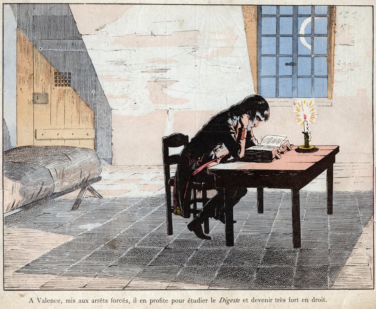 En Valencia (prisión) Napoleón aprovecha para estudiar el Digesto y fortalecerse en derecho - Napoleón lee el Digesto y fortalece su conocimiento del derecho - litografía de Job (Jacques Onfroy de Breville) de “Le Grand Napoleon des Petites de pseudonym for Onfray de Breville Jacques Job