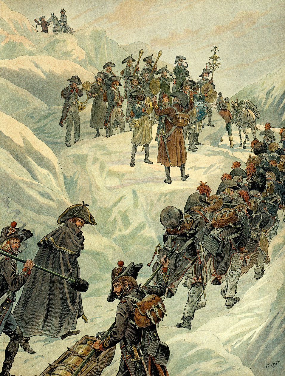 Campaña italiana (1799-1800): paso del paso de San Bernardo en los Alpes por el ejército de Napoleón I Bonaparte (1769-1821) el 20 de mayo de 1800. Ilustración de Jacques Marie Gaston Onfray de Breville dit JOB (1858-1931). Colección Privada de pseudonym for Onfray de Breville Jacques Job
