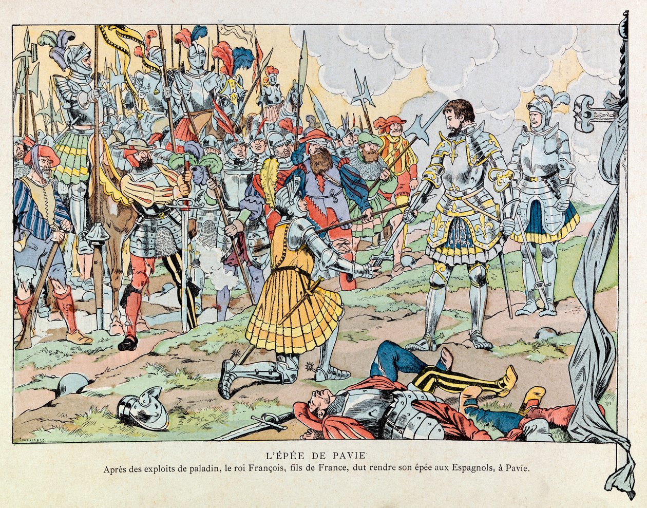 Ilustración del libro "Les épées de France": El rey Francisco I devuelve su espada a los españoles tras la derrota de Pavía el 24 de febrero de pseudonym for Onfray de Breville Jacques Job