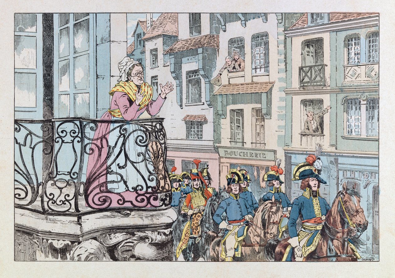 Ilustración del libro "Les épées de France": El general Louis Lazare Hoche (1768-1797) desfilando al frente de sus tropas de pseudonym for Onfray de Breville Jacques Job